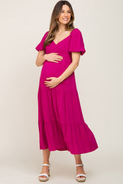 Magenta V-Neck Puff Sleeve Tiered Maternity Maxi Dress