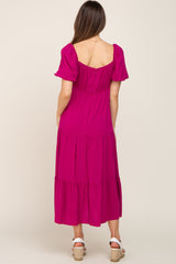 Magenta V-Neck Puff Sleeve Tiered Maternity Maxi Dress