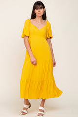 Yellow V-Neck Puff Sleeve Tiered Maxi Dress