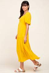 Yellow V-Neck Puff Sleeve Tiered Maxi Dress