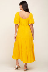 Yellow V-Neck Puff Sleeve Tiered Maxi Dress