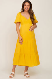 Yellow V-Neck Puff Sleeve Tiered Maternity Maxi Dress