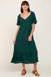 Green V-Neck Puff Sleeve Tiered Maxi Dress