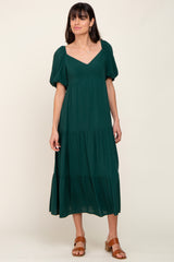 Green V-Neck Puff Sleeve Tiered Maxi Dress