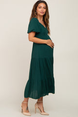 Green V-Neck Puff Sleeve Tiered Maternity Maxi Dress