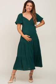 Green V-Neck Puff Sleeve Tiered Maternity Maxi Dress