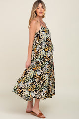 Black Leaf Print Tiered Maternity Midi Dress