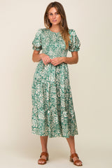 Green Floral Satin Smocked Lace-Up Back Midi Dress