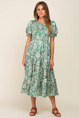 Green Floral Satin Smocked Lace-Up Back Midi Dress