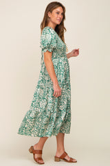 Green Floral Satin Smocked Lace-Up Back Midi Dress