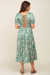 Green Floral Satin Smocked Lace-Up Back Midi Dress