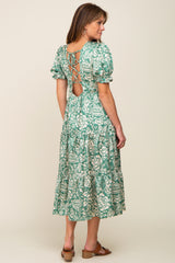 Green Floral Satin Smocked Lace-Up Back Midi Dress