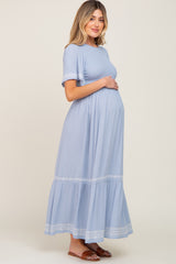 Light Blue Embroidered Accent Maternity Maxi Dress