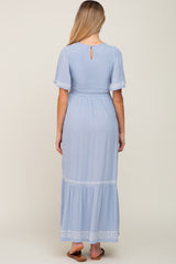 Light Blue Embroidered Accent Maternity Maxi Dress