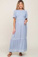 Light Blue Embroidered Accent Maternity Maxi Dress