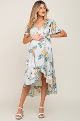 Light Blue Floral Satin Wrap Front Hi-Low Maternity Midi Dress