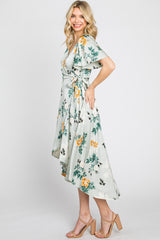 Light Blue Floral Satin Wrap Front Hi-Low Midi Dress