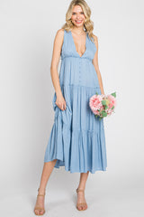 Light Blue Swiss Dot Sleeveless Tiered Midi Dress