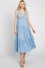 Light Blue Swiss Dot Sleeveless Tiered Midi Dress