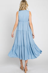 Light Blue Swiss Dot Sleeveless Tiered Midi Dress