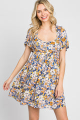 Blue Floral Front Button Flounce Sleeve Maternity Dress