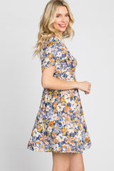 Blue Floral Front Button Flounce Sleeve Dress