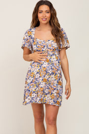 Blue Floral Front Button Flounce Sleeve Maternity Dress