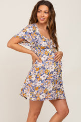 Blue Floral Front Button Flounce Sleeve Maternity Dress