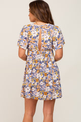 Blue Floral Front Button Flounce Sleeve Maternity Dress