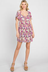 Purple Floral Front Button Flounce Sleeve Maternity Dress