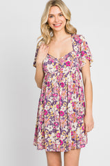 Purple Floral Front Button Flounce Sleeve Dress