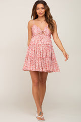 Pink Floral Cut Out Tiered Ruffle Maternity Mini Dress