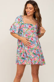 Blue Floral Puff Sleeve Maternity Mini Dress