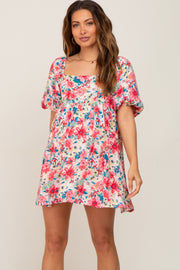 Pink Floral Puff Sleeve Maternity Mini Dress