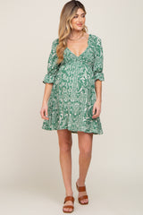 Green Paisley Smocked V-Neck 3/4 Ruffle Sleeve Maternity Dress