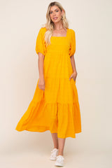 Yellow Textured Stripe Square Neck Tiered Maternity Maxi Dress