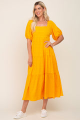 Yellow Textured Stripe Square Neck Tiered Maxi Dress