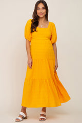 Yellow Textured Stripe Square Neck Tiered Maternity Maxi Dress