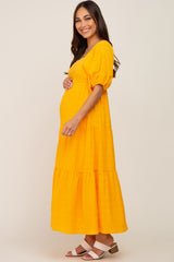 Yellow Textured Stripe Square Neck Tiered Maternity Maxi Dress