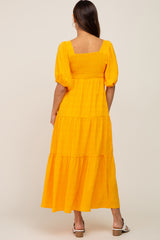 Yellow Textured Stripe Square Neck Tiered Maternity Maxi Dress