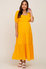 Yellow Textured Stripe Square Neck Tiered Maternity Maxi Dress