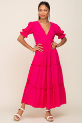 Fuchsia Wrap Front V-Neck Short Sleeve Tiered Maxi Dress