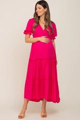 Fuchsia Wrap Front V-Neck Short Sleeve Tiered Maternity Maxi Dress