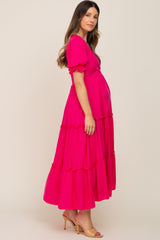 Fuchsia Wrap Front V-Neck Short Sleeve Tiered Maternity Maxi Dress