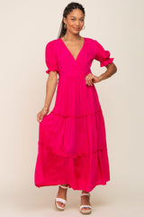 Fuchsia Wrap Front V-Neck Short Sleeve Tiered Maternity Maxi Dress