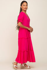 Fuchsia Wrap Front V-Neck Short Sleeve Tiered Maxi Dress