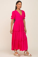 Fuchsia Wrap Front V-Neck Short Sleeve Tiered Maxi Dress