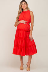 Red Tiered Ruffle Cutout Maternity Midi Dress