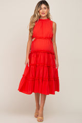 Red Tiered Ruffle Cutout Maternity Midi Dress