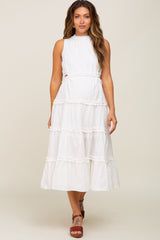 White Tiered Ruffle Cutout Maternity Midi Dress